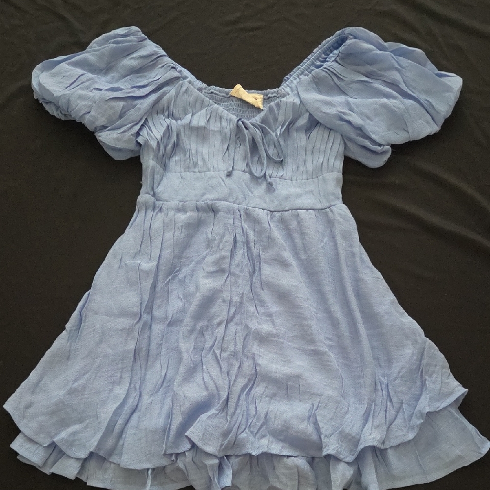 Chic Light Blue Puff Sleeve Mini Dress